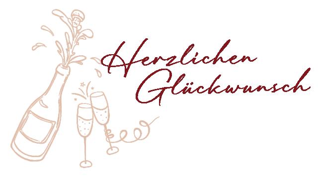Sektflasche mit zwei Gläsern und Textphrase Herzlichen Glückwunsch